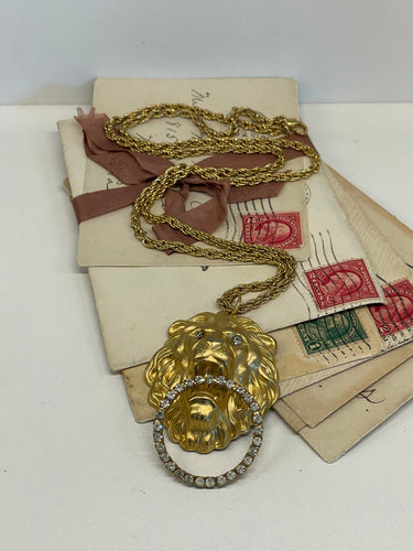 1990’s Gold Lion Rhinestone Door Knocker Necklace Bloomers and Frocks